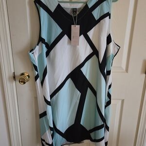 Emily Rose Sleeveless Geometric Shift Dress in Light Blue, Black & White